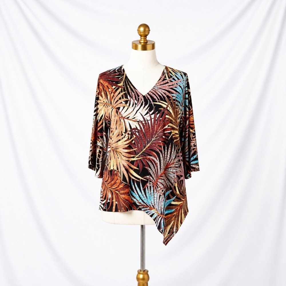 Attitudes‎ by Renee Layered Tunic Top Multi V-Neck Vibrant Tropical Print Size M
